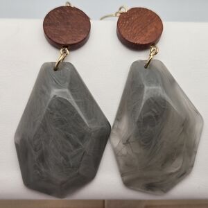 Handmade Large Gray Stone Marble Polymer Clay & Brown Wood Drop Earrings